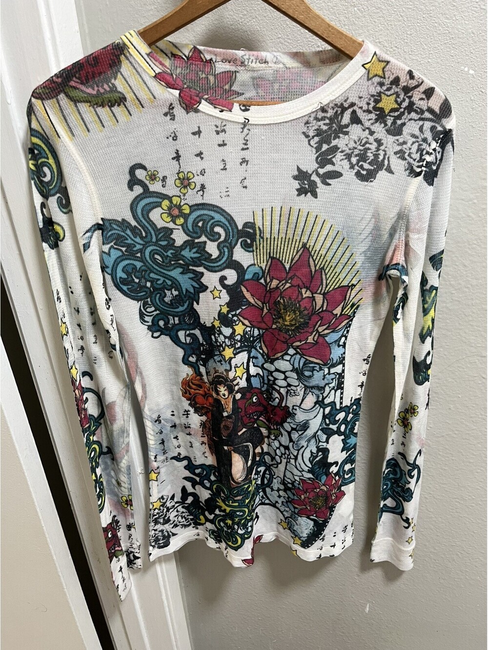 VTG Love Stitch Ed Hardy Style White Waffle Thermal Shirt L